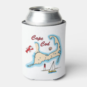 Cape Cod Map Illustration Lobster Sailboat Shell Can Cooler