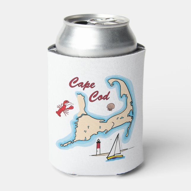 Cape Cod Map Illustration Lobster Sailboat Shell Can Cooler (Can Front)