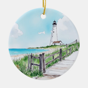 Cape Cod Massachusetts Lighthouse Watercolor Ceramic Tree Decoration