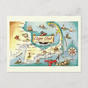 Cape Cod Massachusetts Map Postcard