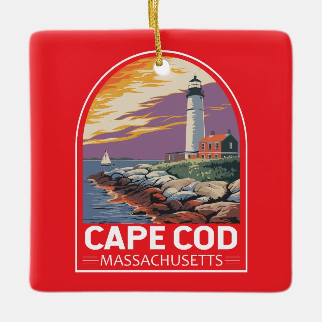 Cape Cod Massachusetts Travel Art Emblem Ceramic Ornament (Front)