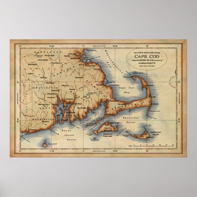 Cape Cod Nautical Map Poster (Front)