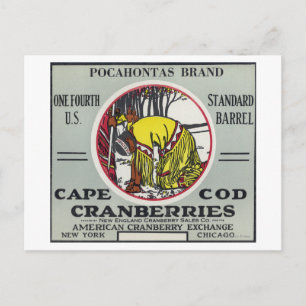 Cape Cod Pocahontas Brand Cranberry Label Postcard