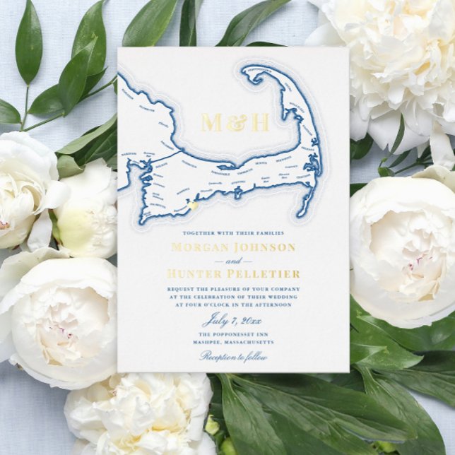 Cape Cod Wedding Elegant Navy and Gold (Elegant Cape Cod Map wedding invitation with gold foil monogram and a tiny heart over the town)