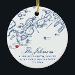 Cape Elizabeth Maine Map Wedding Photo Christmas Ceramic Tree Decoration<br><div class="desc">Commemorate your Cape Elizabeth, Maine wedding with our elegant navy blue Casco Bay map-themed personalised Christmas ornament. Featuring the map design on the front and your cherished wedding photo on the back, this keepsake is a beautiful reminder of your special day. Perfect for couples married at the Inn by the...</div>