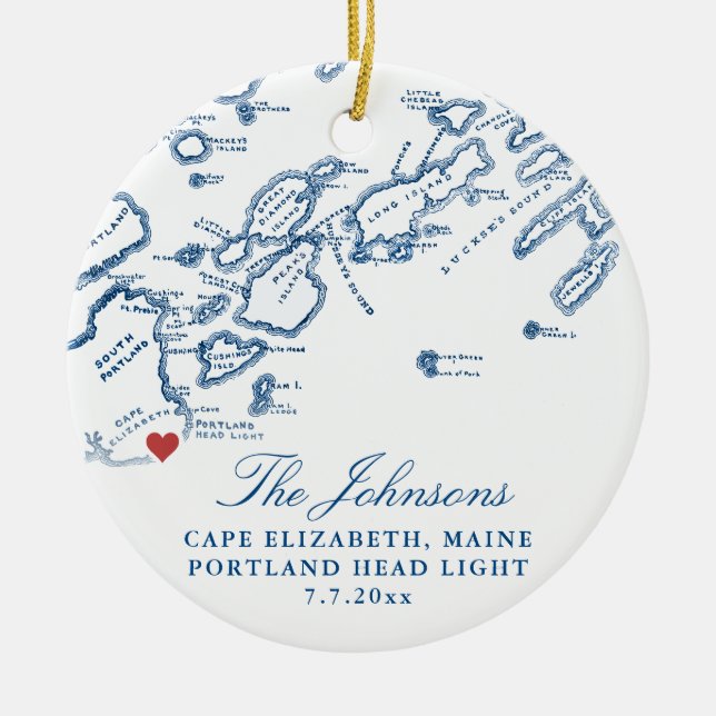 Cape Elizabeth Maine Map Wedding Photo Christmas Ceramic Tree Decoration (Front)