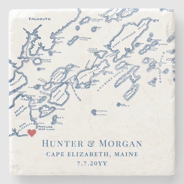 Cape Elizabeth Wedding Favour Casco Bay Map Stone Coaster (Front)