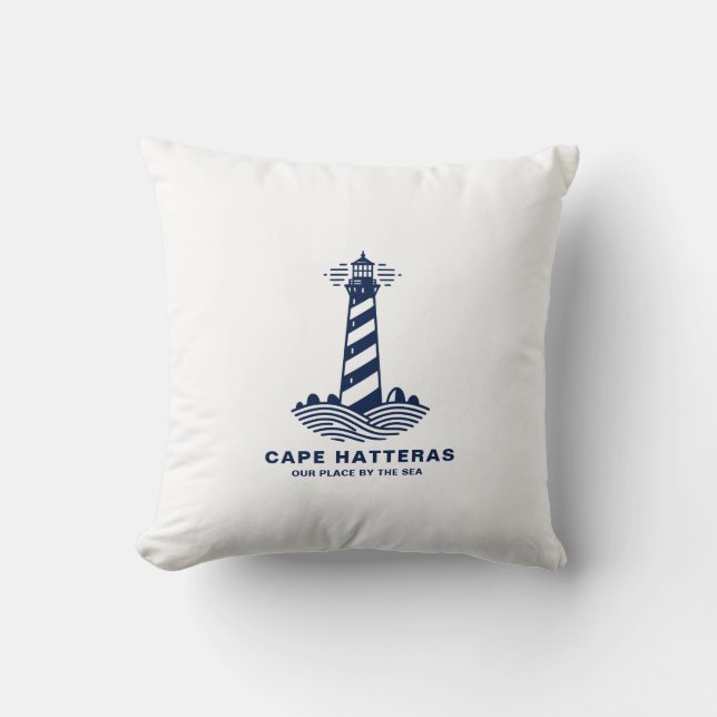 Cape Hatteras Lighthouse – Nautical Blue & White Cushion (Front)