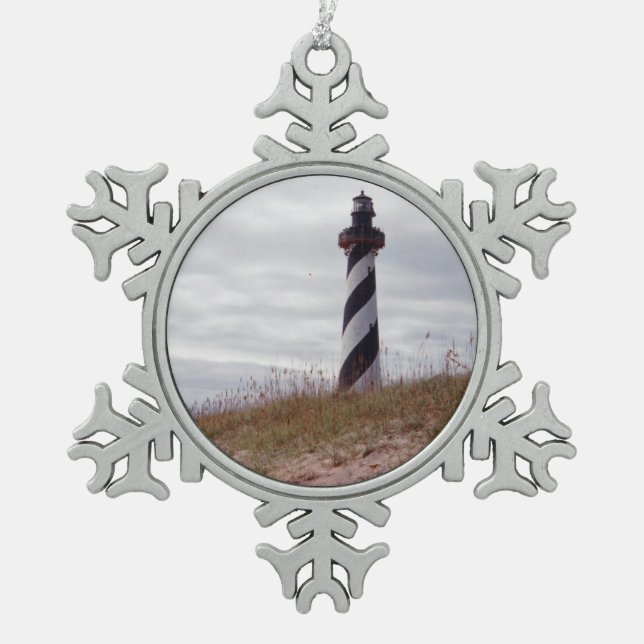 Cape Hatteras Lighthouse Snowflake Pewter Christmas Ornament (Front)
