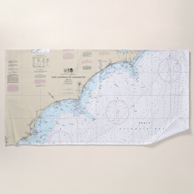 Cape Hatteras to Charleston Nautical Chart 11520 Beach Towel (Front)