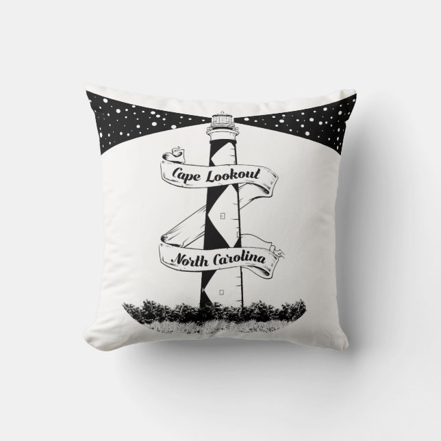 Cape Lookout Lighthouse Black and White Cushion (Front)