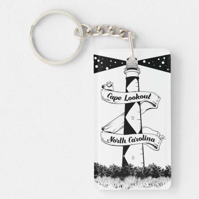 Cape Lookout Lighthouse Black and White Key Ring (Front)