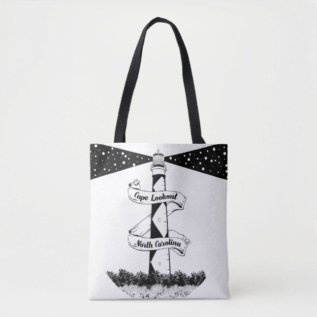 Cape Lookout Lighthouse Black and White Tote Bag (Front)