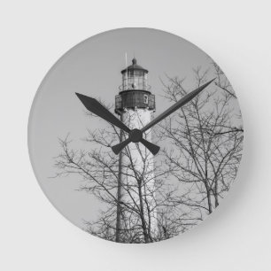 Cape May Light b/w Round Clock