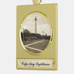 Cape May Lighthouse Gold Plated Banner Ornament
