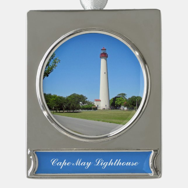 Cape May Lighthouse Silver Plated Banner Ornament (Front)
