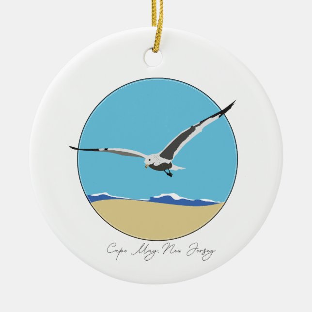 Cape May, New Jersey Sea Gull over Beach  Ceramic Tree Decoration (Front)