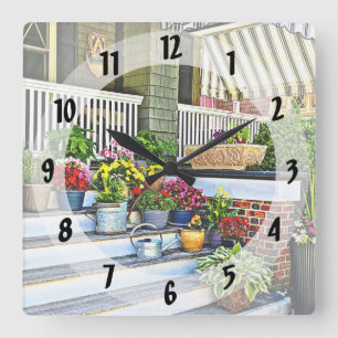 Cape May NJ - Flowers and Watering Cans on Porch Square Wall Clock