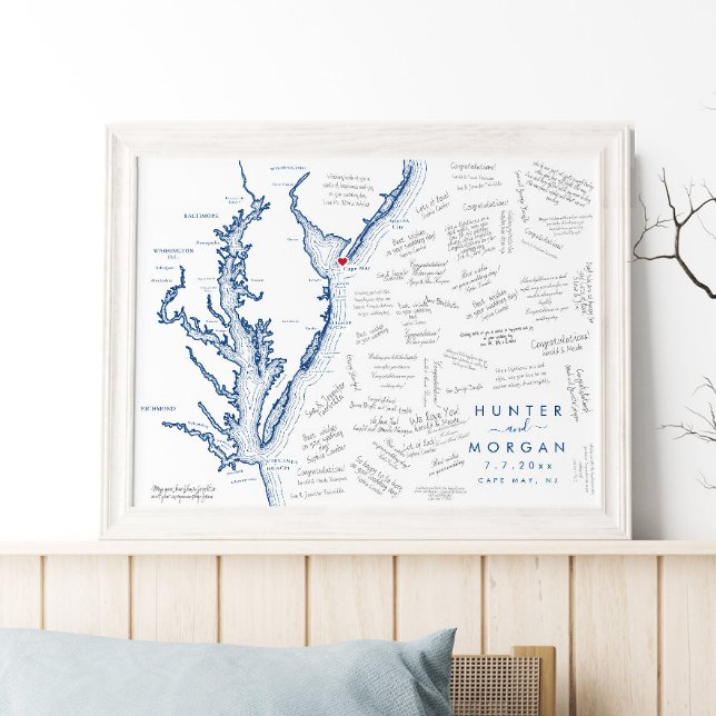 Cape May NJ Wedding Modern Map Guest Book Poster (Cape May, NJ Wedding alternative guest book poster is perfect for a Jersey Shore destination wedding)
