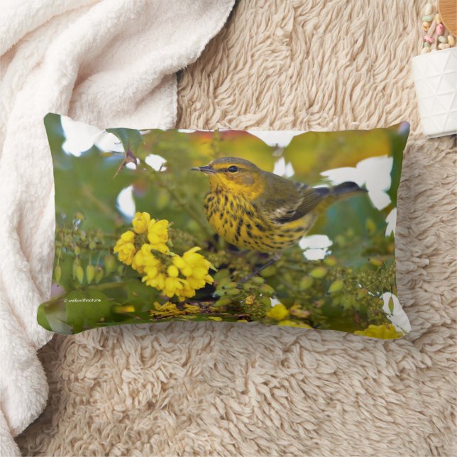 Cape May Warbler Songbird in Flowering Mahonia Lumbar Cushion (Blanket)