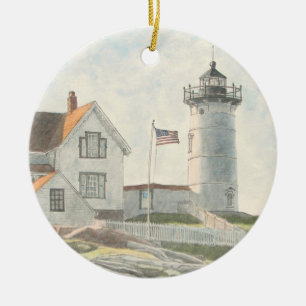 Cape Neddick Lighthouse Watercolor Ceramic Tree Decoration