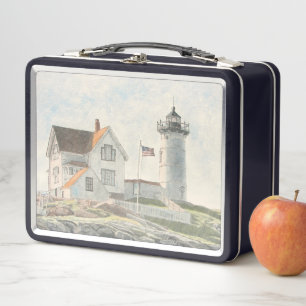 Cape Neddick Lighthouse Watercolor Metal Lunch Box