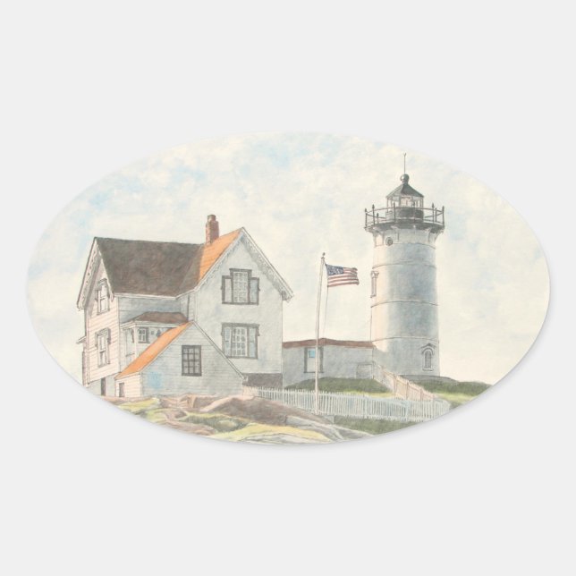 Cape Neddick Lighthouse Watercolor Oval Sticker (Front)