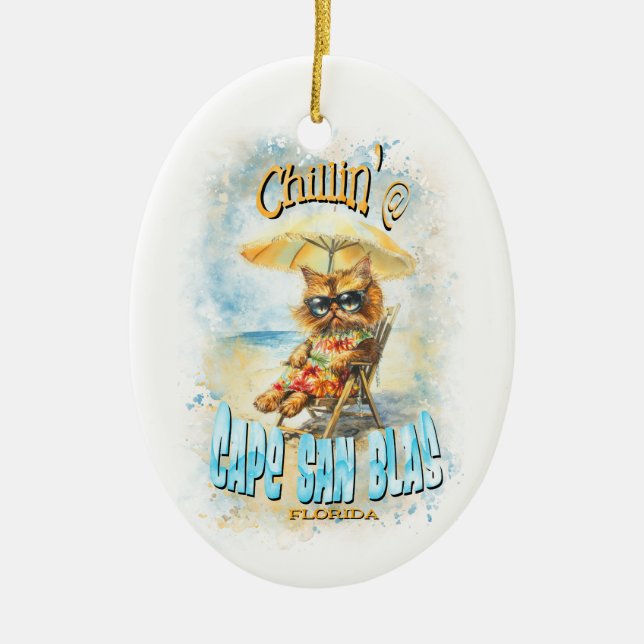 Cape San Blas Florida Beach Lounging Cat Ceramic Tree Decoration (Front)