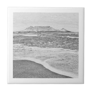 Cape Town Table Mountain Beach Ocean Sketch Tile