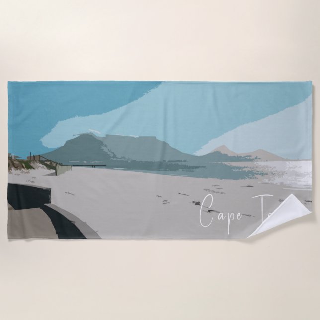 Cape Town Table Mountain Ocean Sketch Beach Towel (Front)