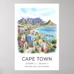 Cape Town Travel Poster - Watercolor Hillside and