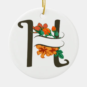 Capital letter H floral monogram Ceramic Tree Decoration
