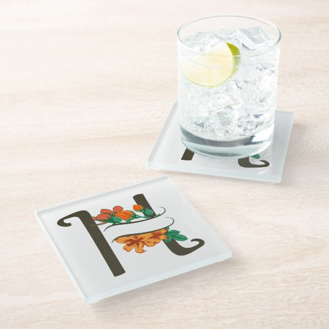 Capital letter H floral monogram Glass Coaster (Angled)