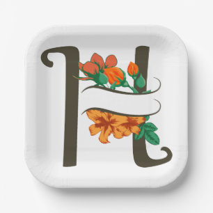 Capital letter H floral monogram Paper Plate