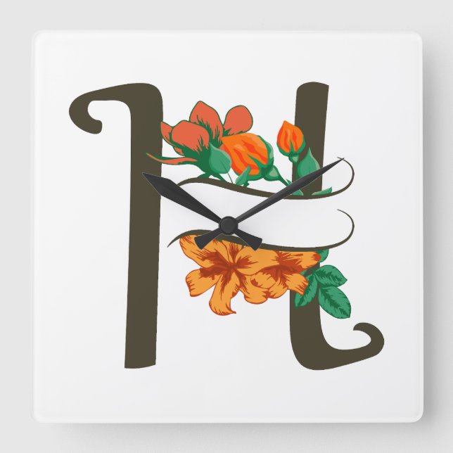 Capital letter H floral monogram Square Wall Clock (Front)