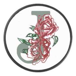 Capital letter J floral monogram Hockey Puck