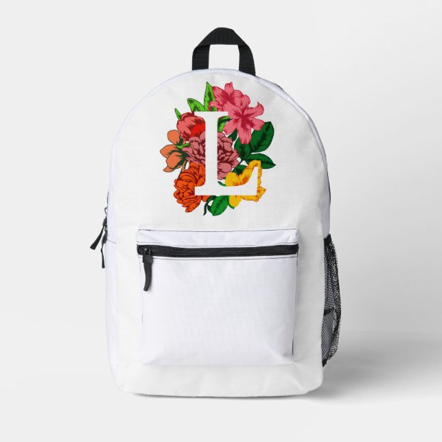 Capital letter L floral monogram Printed Backpack (Front)