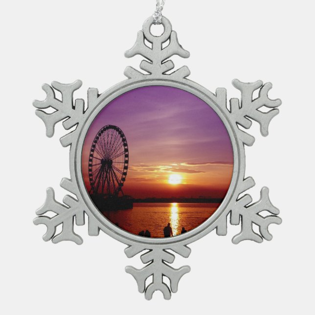 Capital Wheel at Sunset Snowflake Pewter Christmas Ornament (Front)