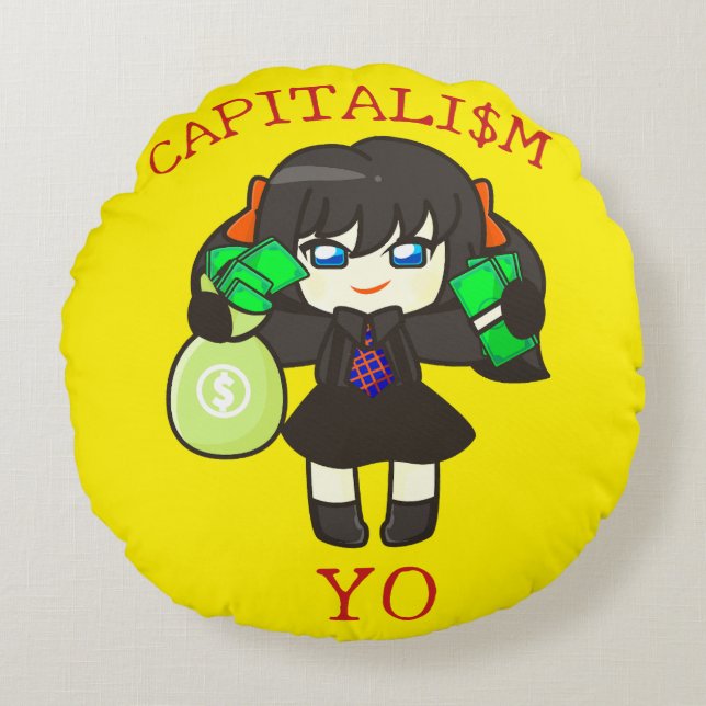 Capitalism Yo - Anime Money Girl Hustle  Round Cushion (Front)