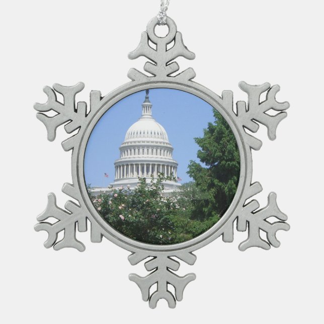 Capitol Building from Bartholdi Park Snowflake Pewter Christmas Ornament (Front)