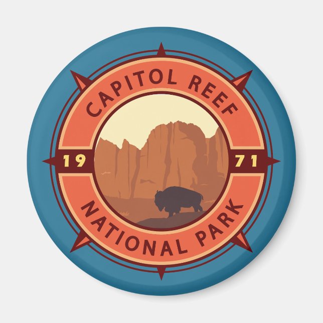 Capitol Reef National Park Bison Retro Compass Magnet (Front)