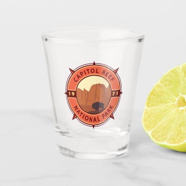 Capitol Reef National Park Bison Retro Compass Shot Glass (Front)