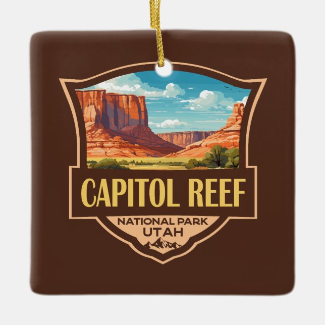 Capitol Reef National Park Illustration Retro Art Ceramic Ornament (Front)