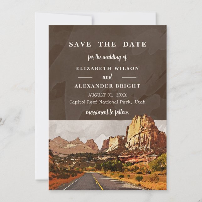 Capitol Reef NP Utah Desert Watercolor Wedding Invitation (Front)
