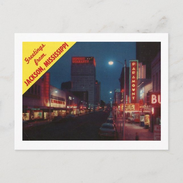 Capitol St. at Night, Jackson MS Vintage Postcard (Front)