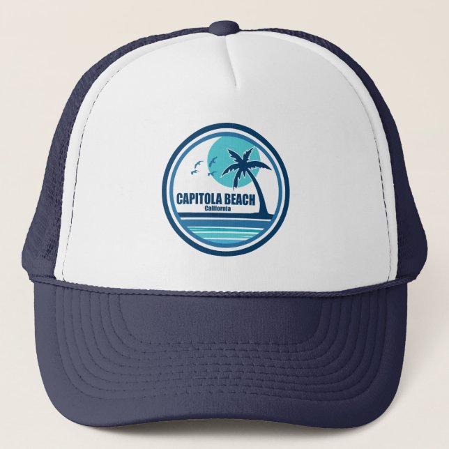 Capitola Beach California Palm Tree Birds Trucker Hat (Front)