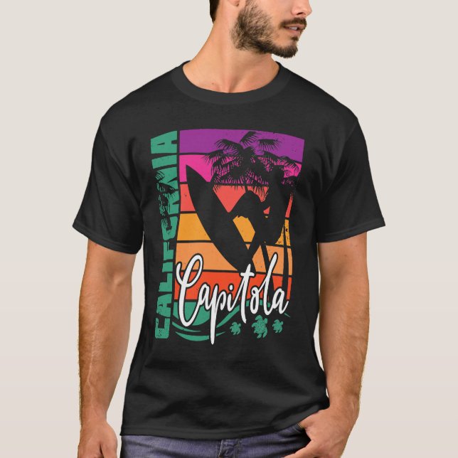 Capitola California Retro Sunset Beach Surfer Surf T-Shirt (Front)