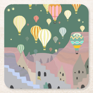 Cappadocia Night Art   Hot Air Balloon Turkey  Square Paper Coaster