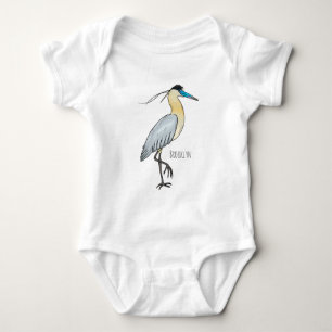 Capped heron bird cartoon illustration  baby bodysuit