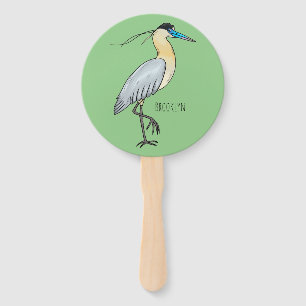 Capped heron bird cartoon illustration hand fan